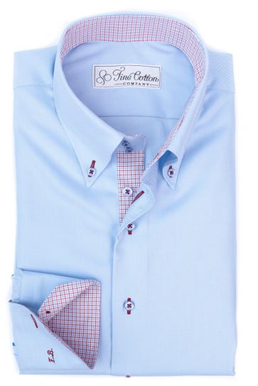 Maßhemd Albufera, hellblau, mit Button Down Kragen und rot-kariertem Kontrast